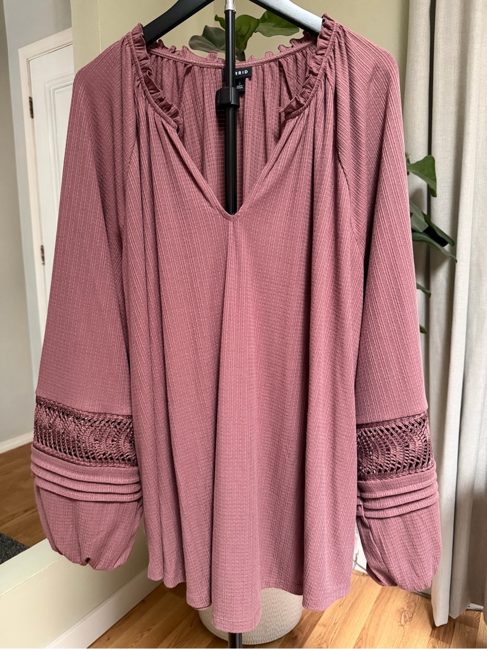 Torrid Mauve Smocked Crochet Sleeve Peasant Blouse